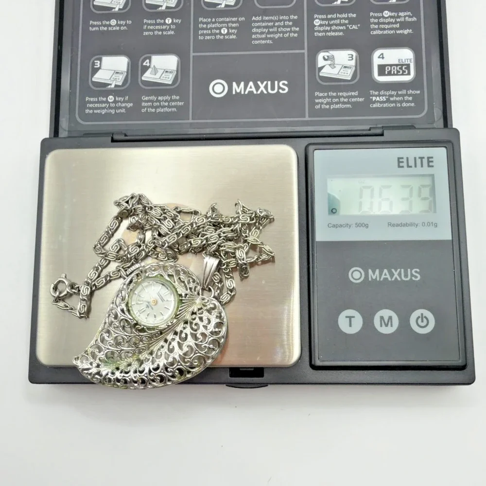 Heritage Swiss Pendant Watch Necklace Filigree Leaf Holder 1 Jewel Vintage